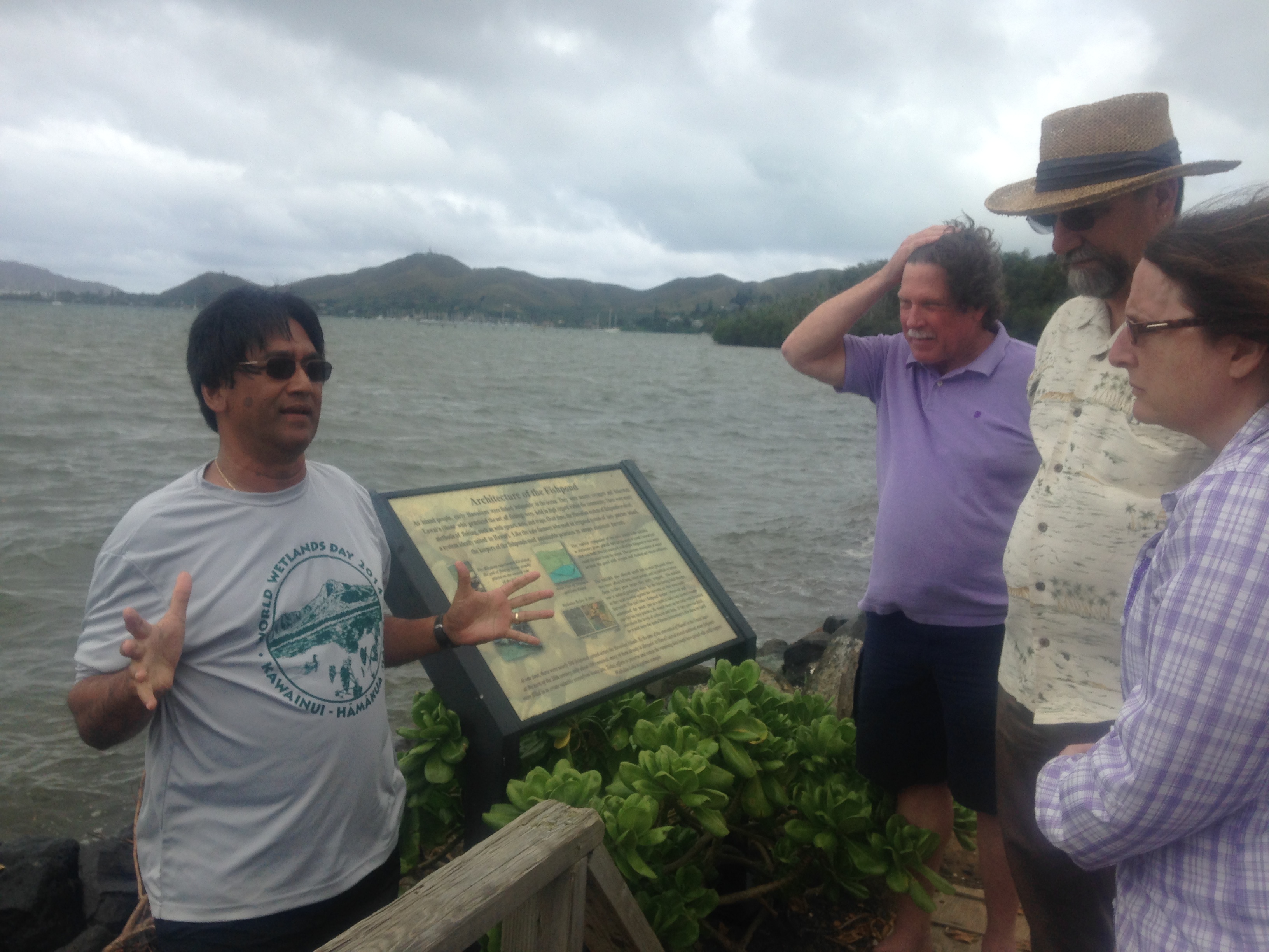 Herb Lee Jr. describing history of ancient Hawaiian fish pond.
